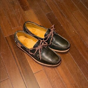 Sebago Hunter Green Leather Boat Shoes with Brown Laces